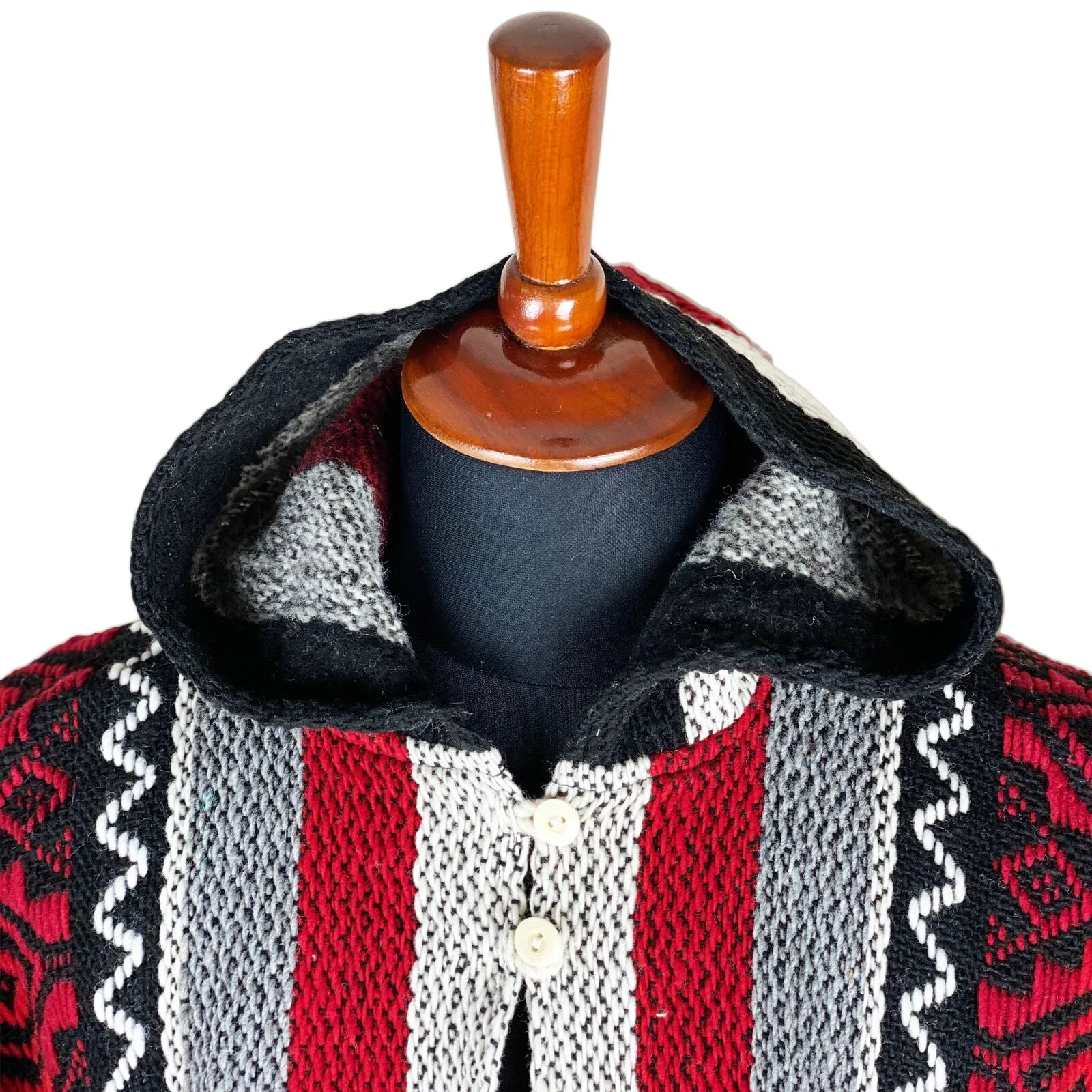 Llama Wool Unisex South American Handwoven Poncho - striped pattern BLACK/WHITE/RED with red diamonds