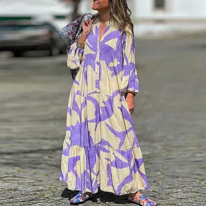 Loose New Purple Print V-Neck Pleated Beach Women Fashion Flare Sleeves Swing Long Vestidos Floral Casual Dress