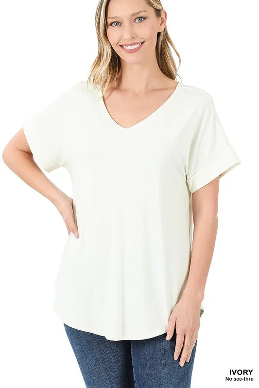 Luxe Rayon Short Cuff Sleeve V-Neck Round Hem Top.