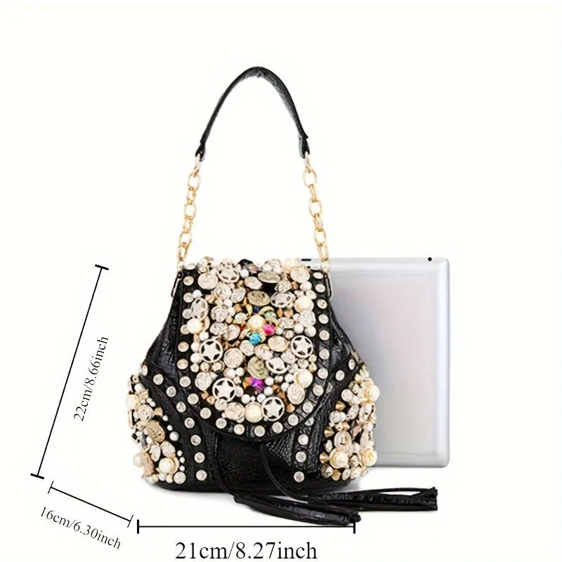 Luxurious Vintage Evening Clutch Bag - Rhinestone Embellished, Drawstring Closure, Detachable Shoulder Strap, Single Shoulder Design, Perfect for Formal Occasions