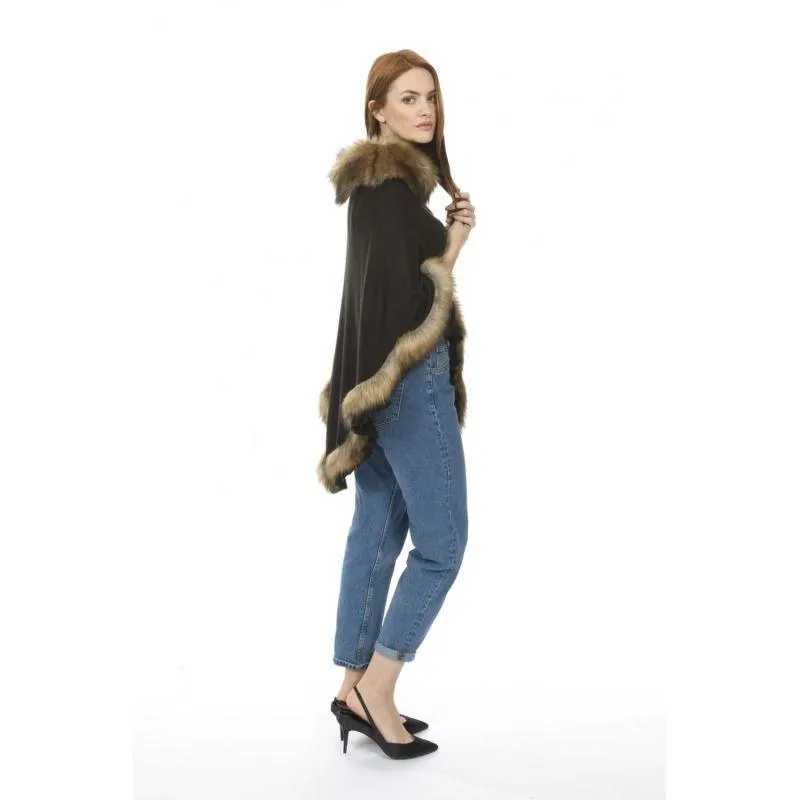 Luxury Poncho with Faux Fur Trim (One Size) - Black