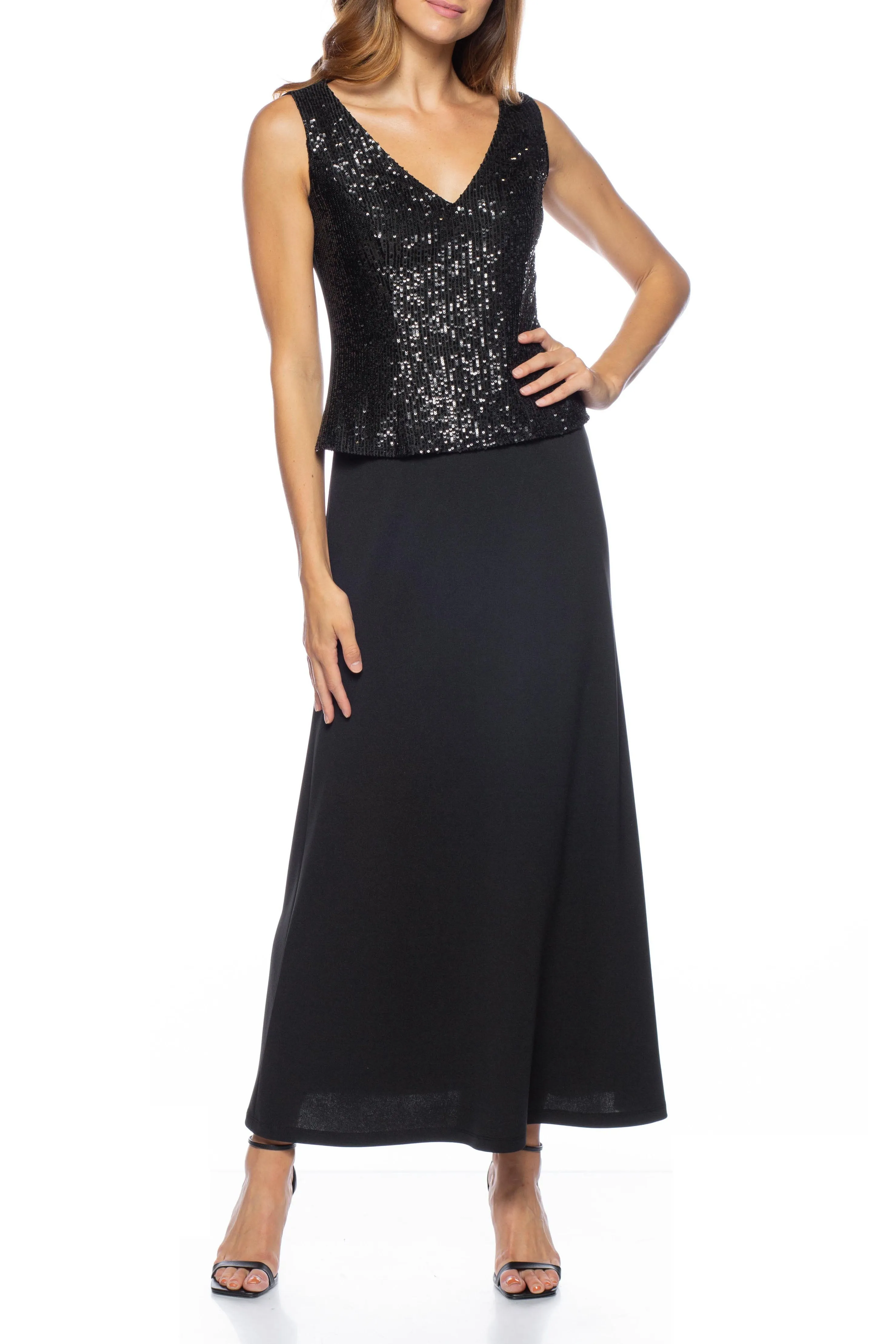 Marina V-neck sleeveless sequined crape gown with open front long sleeve jacket