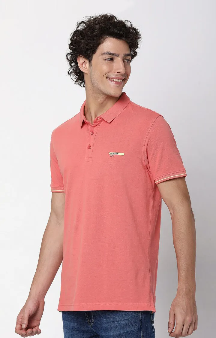 Men Premium Dusty Coral Cotton Regular Fit Polo T-Shirt - Underjeans By Spykar