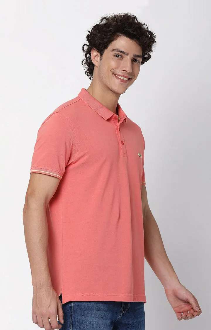 Men Premium Dusty Coral Cotton Regular Fit Polo T-Shirt - Underjeans By Spykar