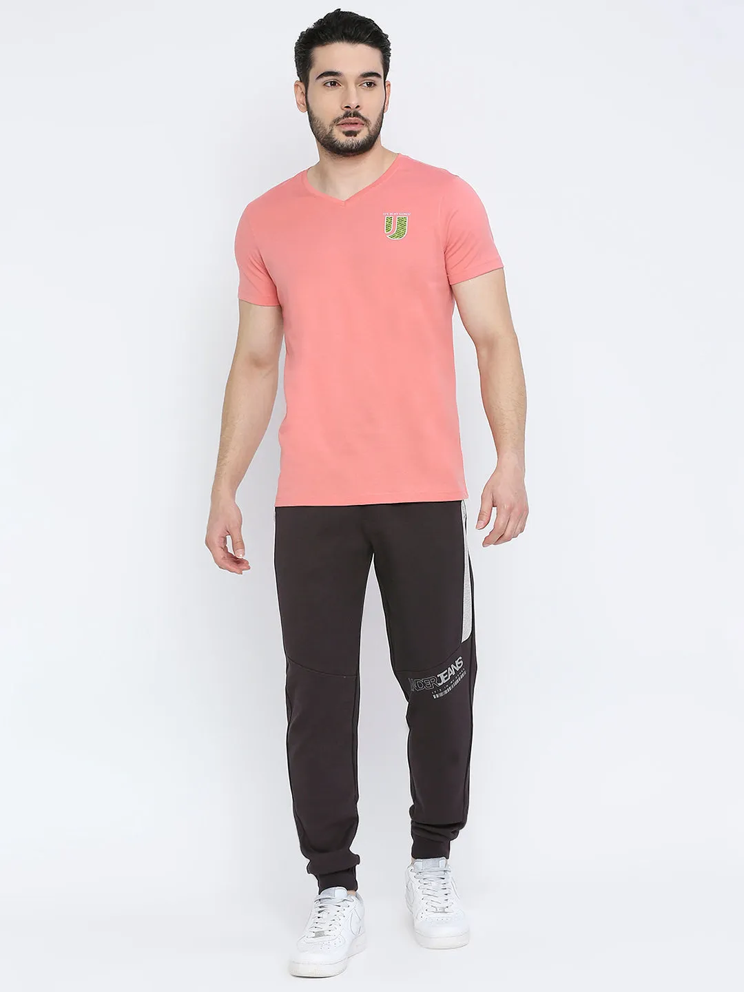 Men Premium Dusty Coral Cotton V-Neck T-Shirt - Underjeans By Spykar