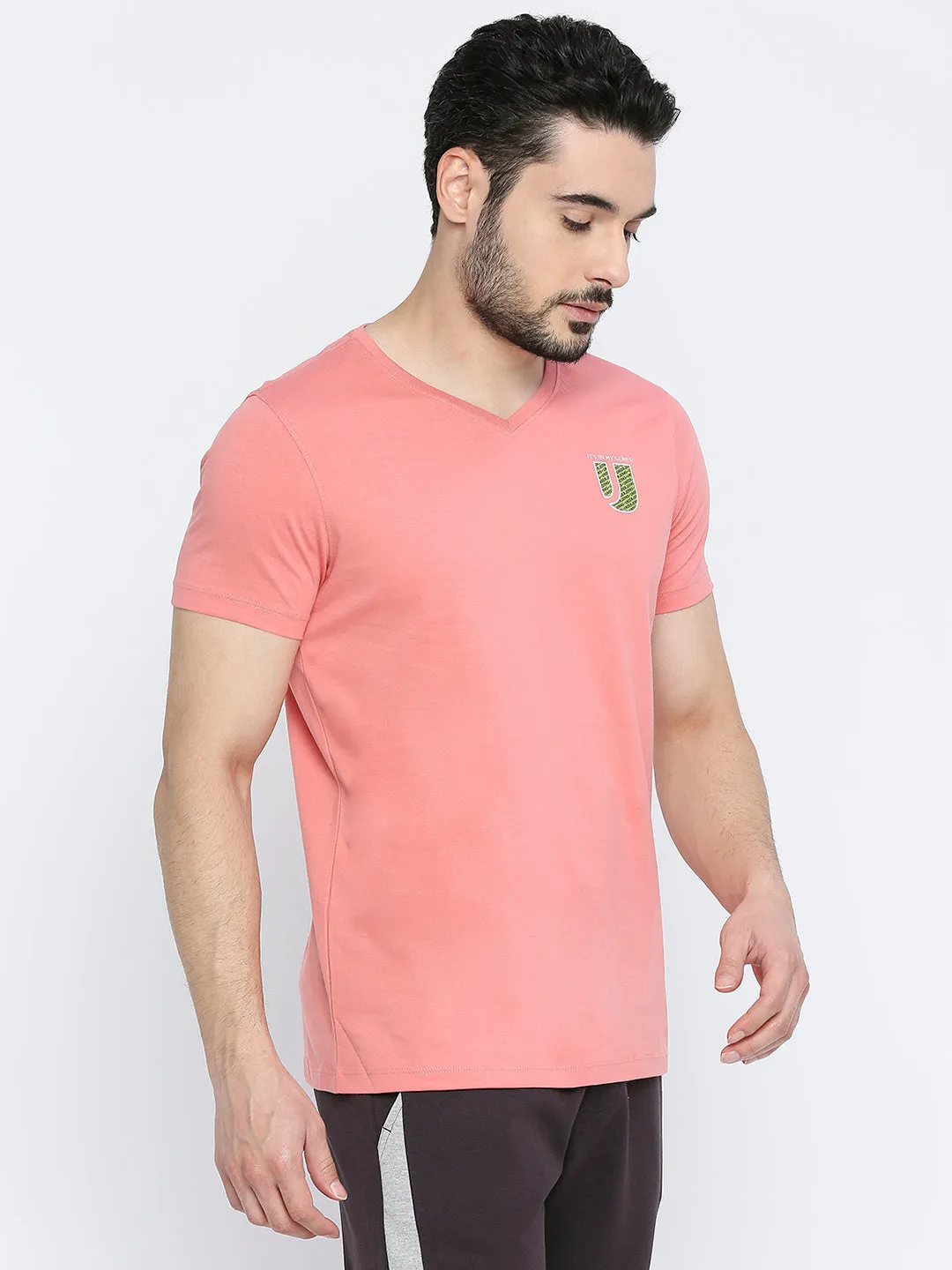 Men Premium Dusty Coral Cotton V-Neck T-Shirt - Underjeans By Spykar