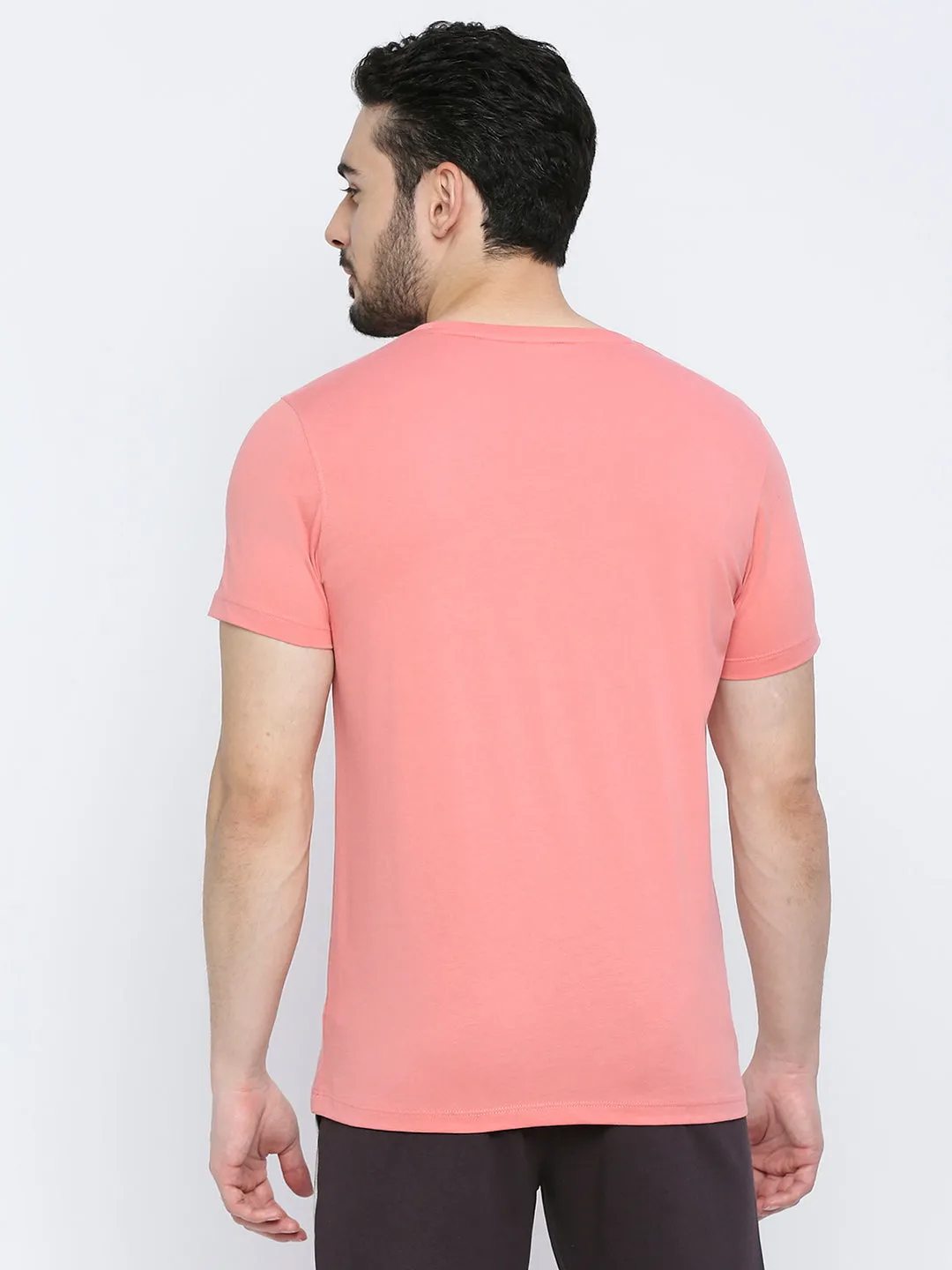 Men Premium Dusty Coral Cotton V-Neck T-Shirt - Underjeans By Spykar