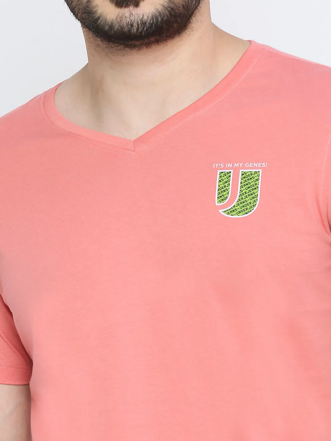 Men Premium Dusty Coral Cotton V-Neck T-Shirt - Underjeans By Spykar