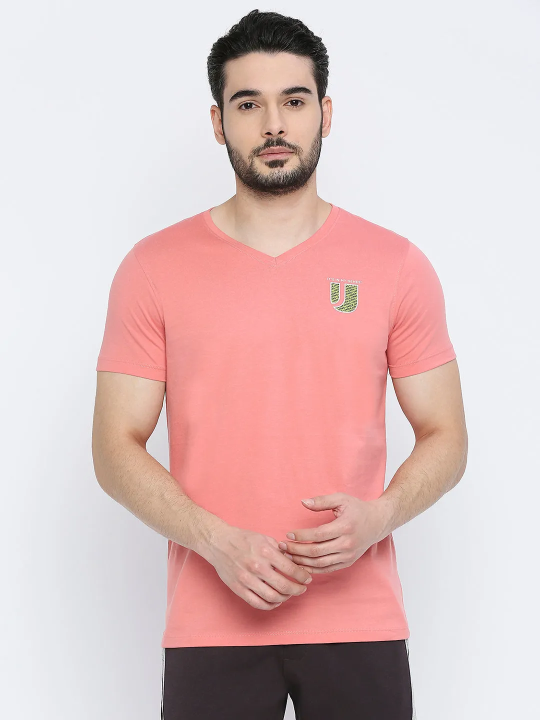 Men Premium Dusty Coral Cotton V-Neck T-Shirt - Underjeans By Spykar