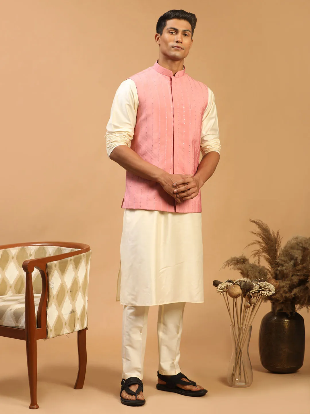 Men's Cream And Pink Viscose Jacket, Kurta And Pyjama Set - Shrestha By Vastramay