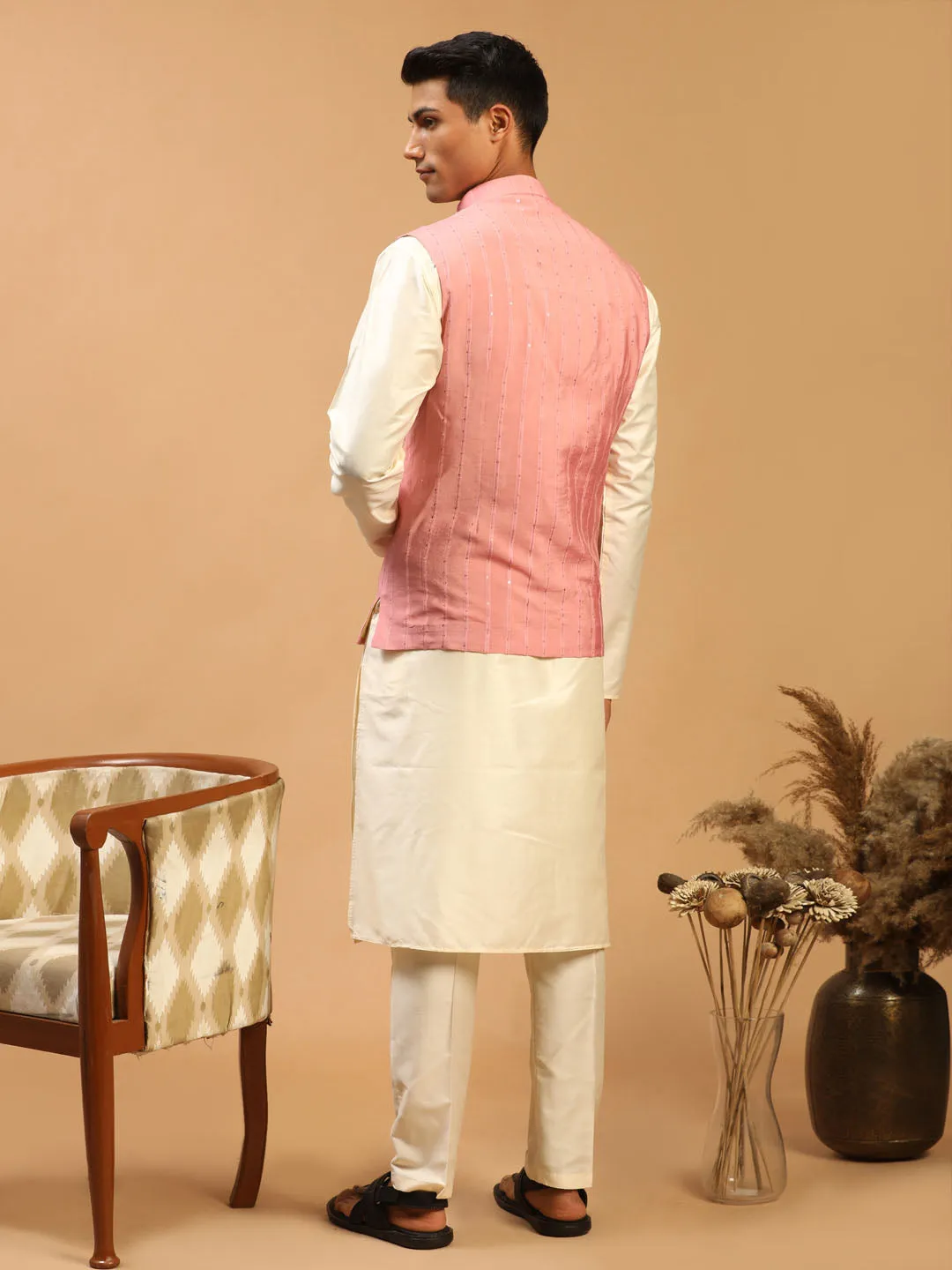 Men's Cream And Pink Viscose Jacket, Kurta And Pyjama Set - Shrestha By Vastramay