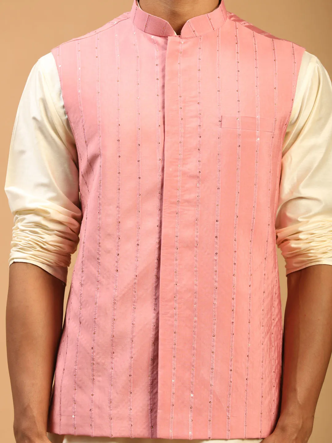 Men's Cream And Pink Viscose Jacket, Kurta And Pyjama Set - Shrestha By Vastramay