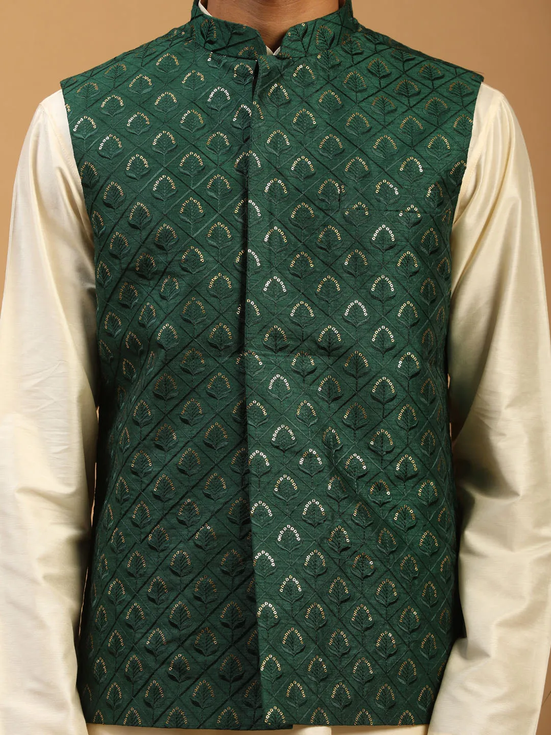 Men's Cream Cotton Blend Jacket, Kurta & Pyjama - Shrestha By Vastramay