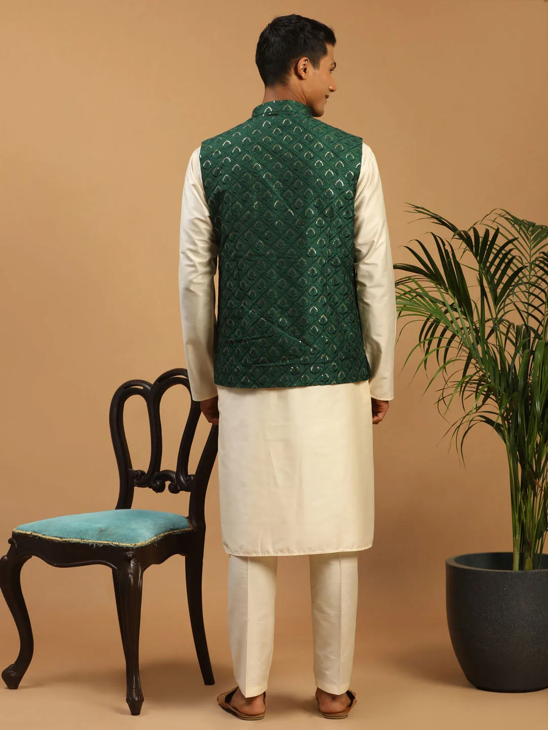 Men's Cream Cotton Blend Jacket, Kurta & Pyjama - Shrestha By Vastramay