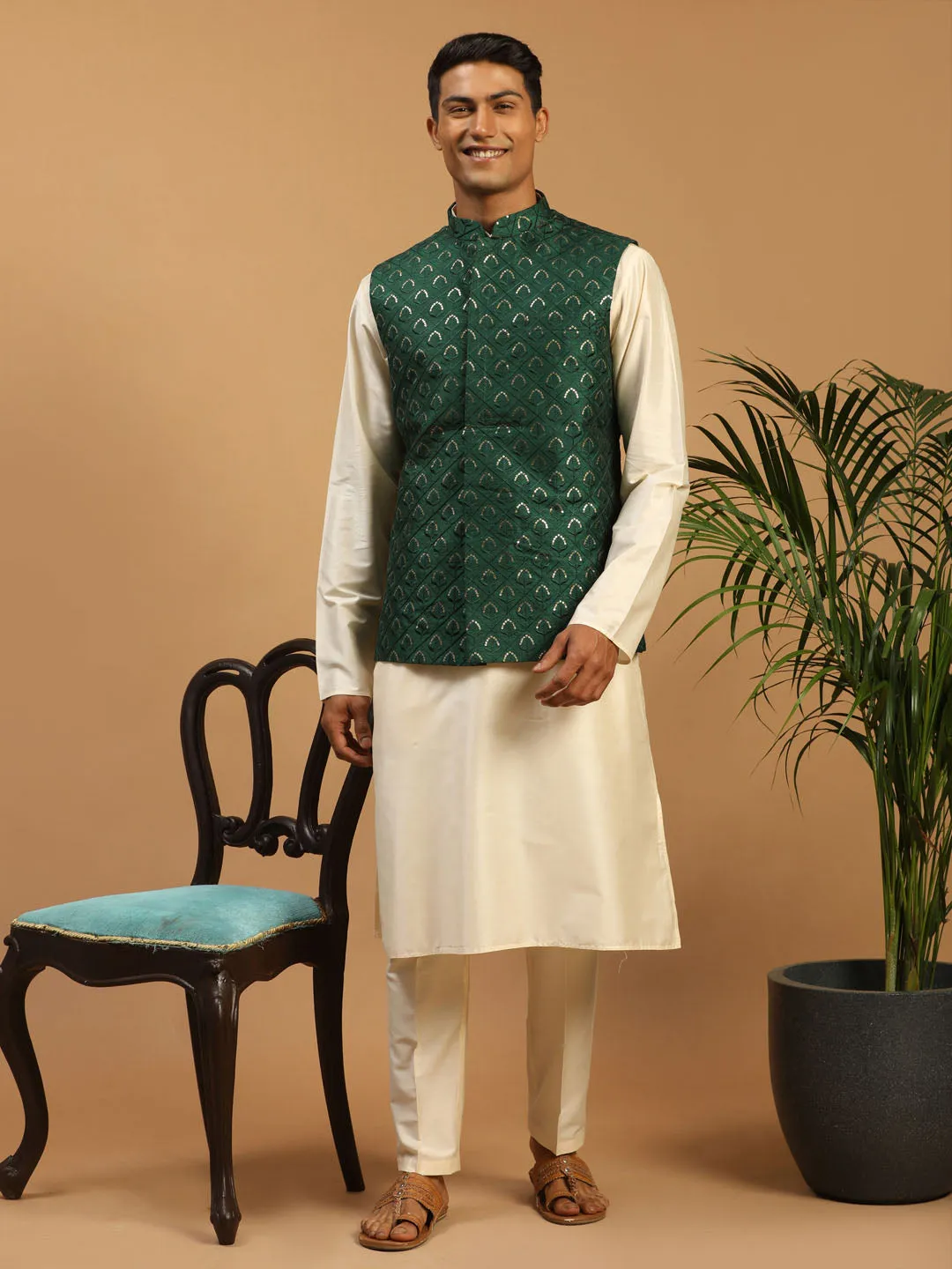 Men's Cream Cotton Blend Jacket, Kurta & Pyjama - Shrestha By Vastramay