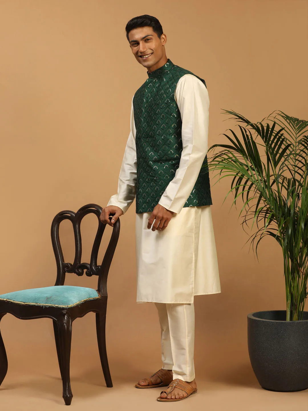 Men's Cream Cotton Blend Jacket, Kurta & Pyjama - Shrestha By Vastramay