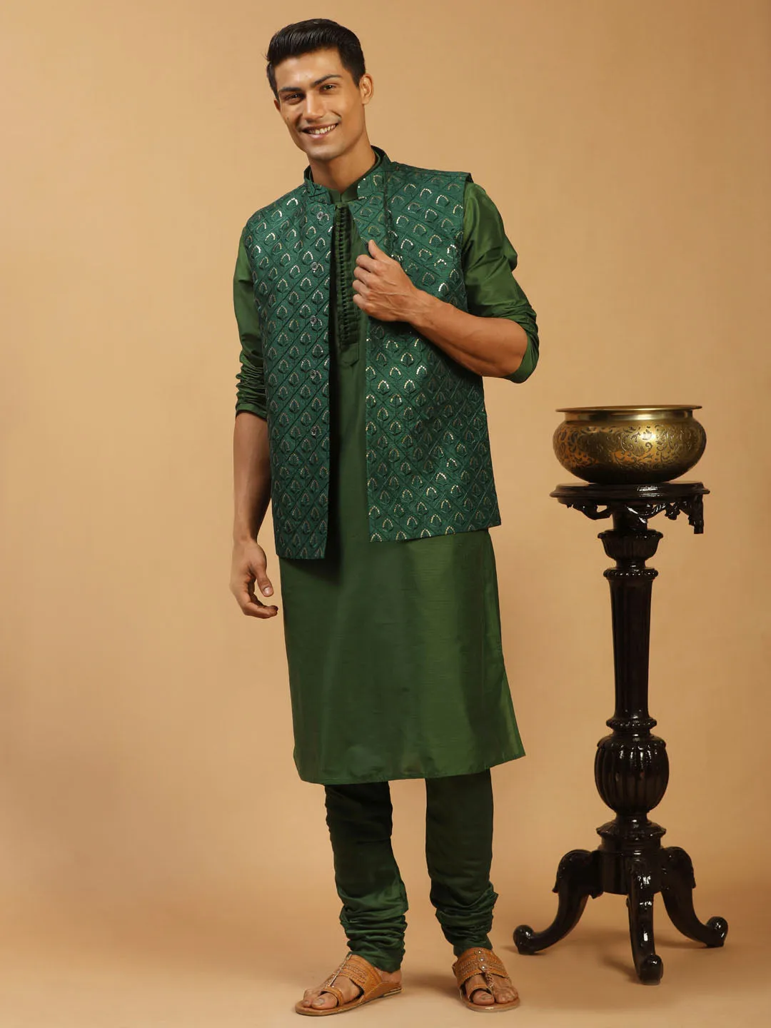 Men's Green Silk Blend Jacket, Kurta & Pyjama - Shrestha By Vastramay