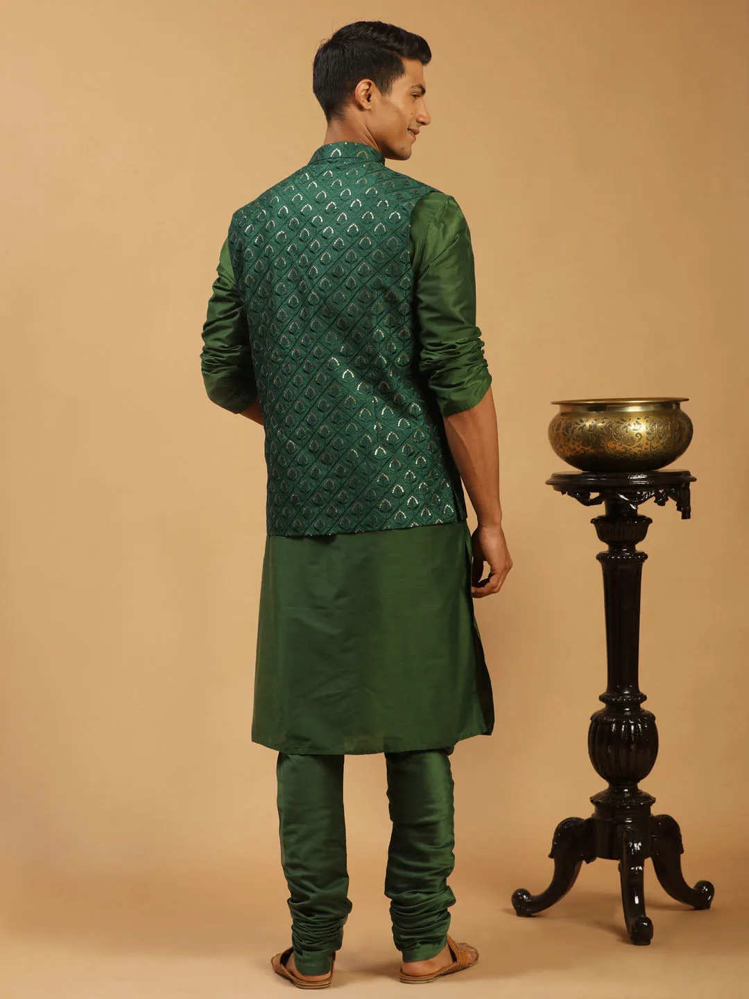 Men's Green Silk Blend Jacket, Kurta & Pyjama - Shrestha By Vastramay