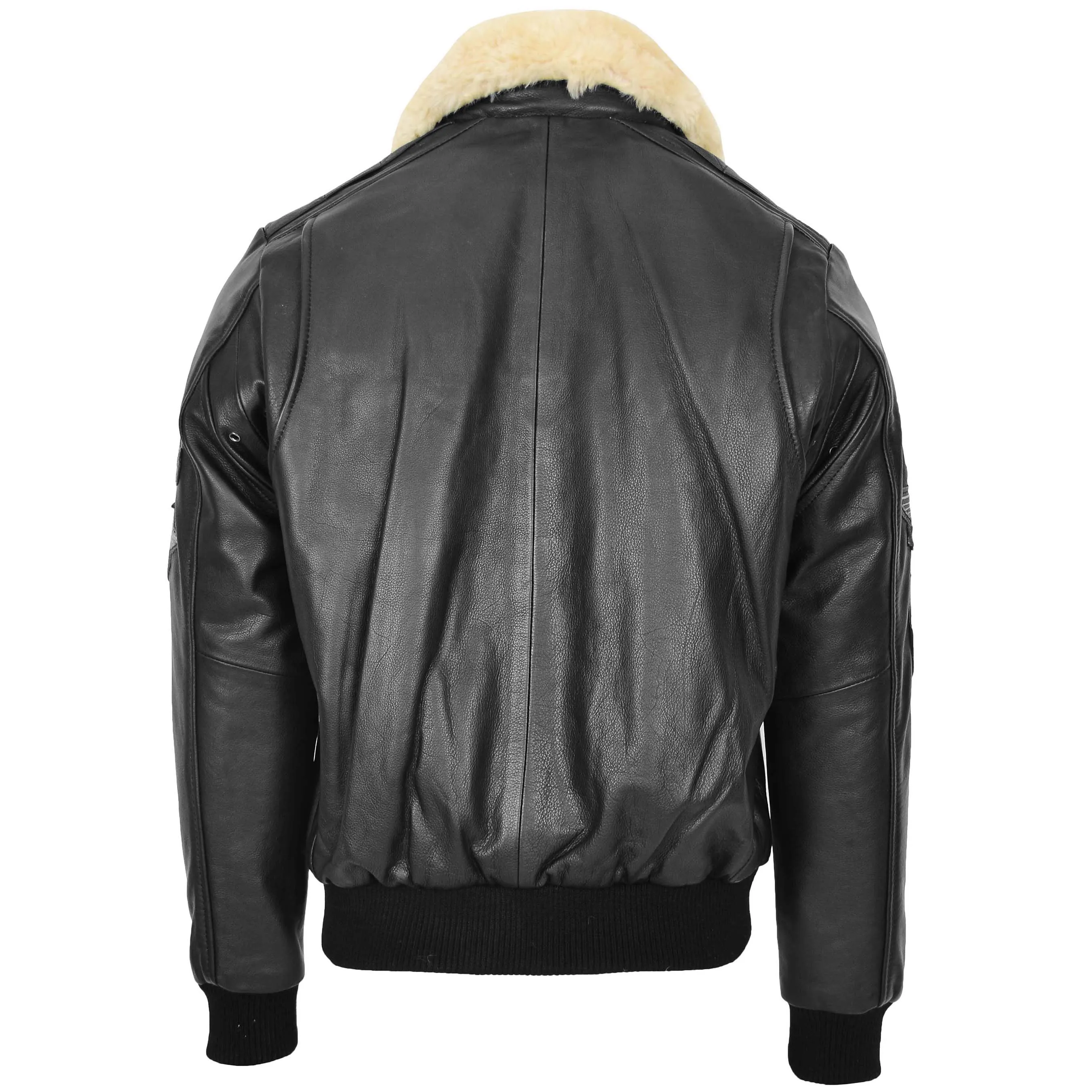 Mens Leather Jacket with Detachable Collar Pilot-N Black