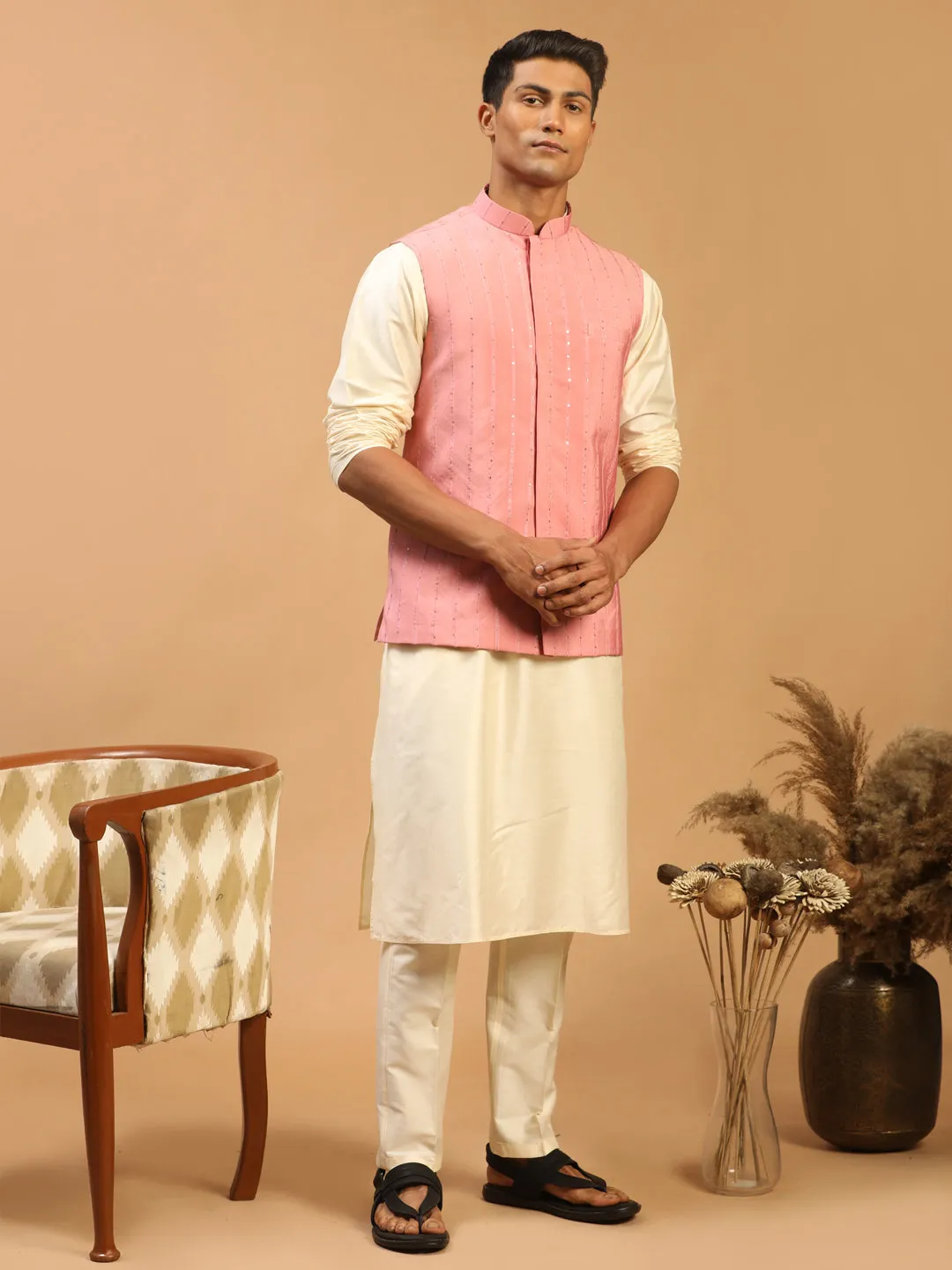 Men's Pink Cotton Blend Nehru Jacket - Shrestha By Vastramay