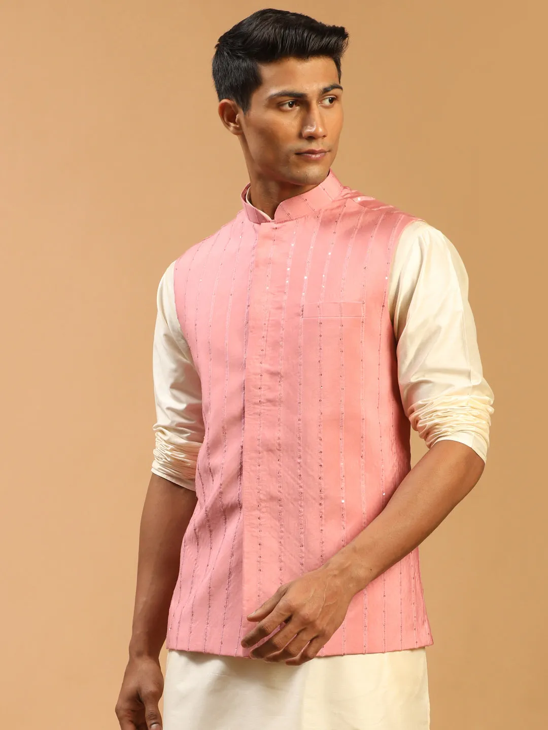 Men's Pink Cotton Blend Nehru Jacket - Shrestha By Vastramay