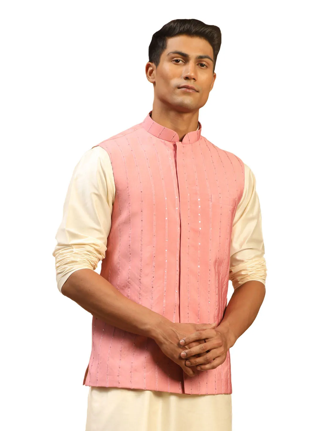 Men's Pink Cotton Blend Nehru Jacket - Shrestha By Vastramay