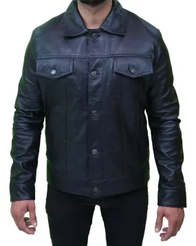 Men's Vintage Black Leather Trucker Jacket