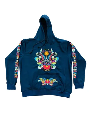 Mexican Floral Embroidered Hoodie Navy