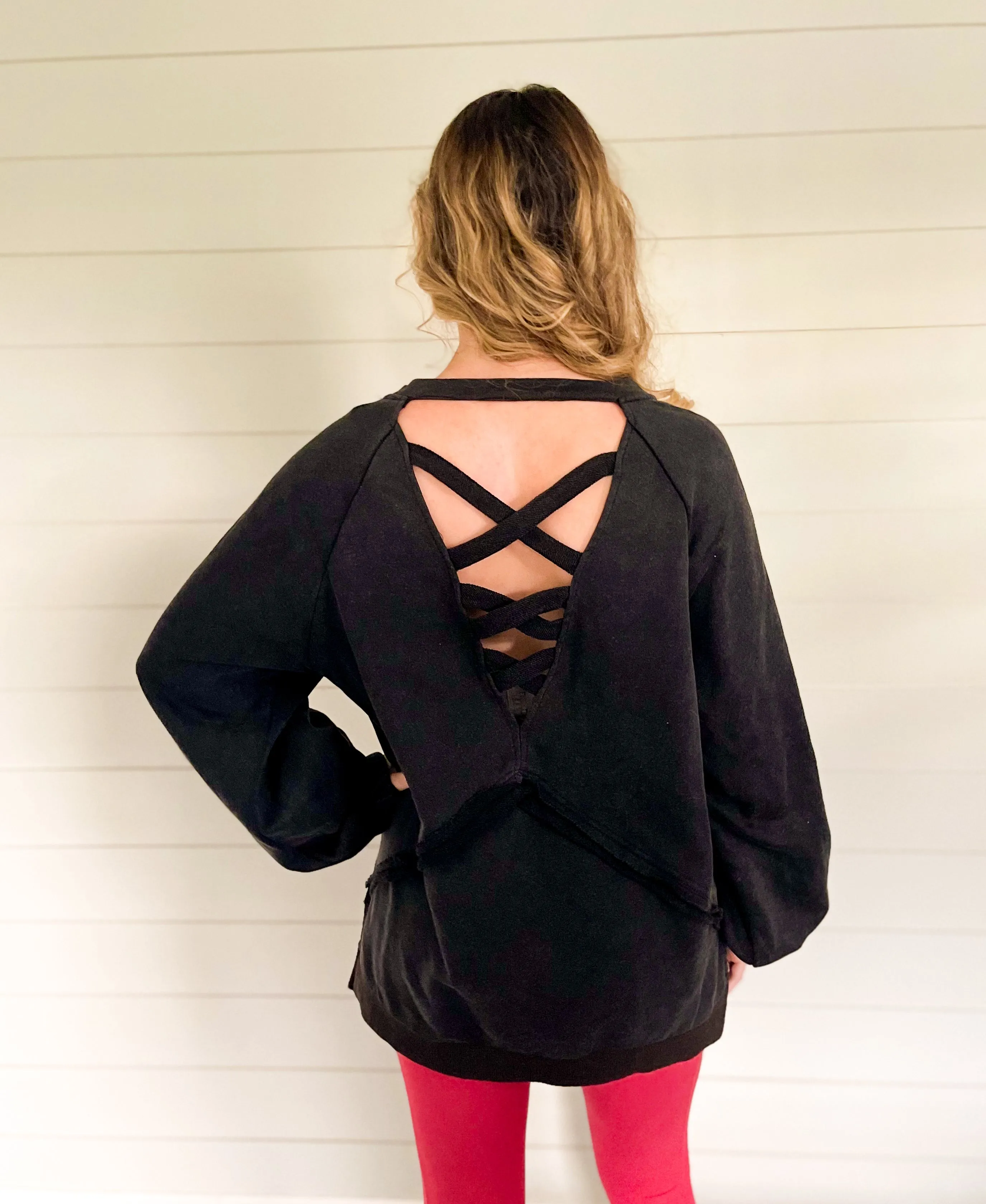 Midnight Rain Black Criss-Cross Back French Terry Sweatshirt