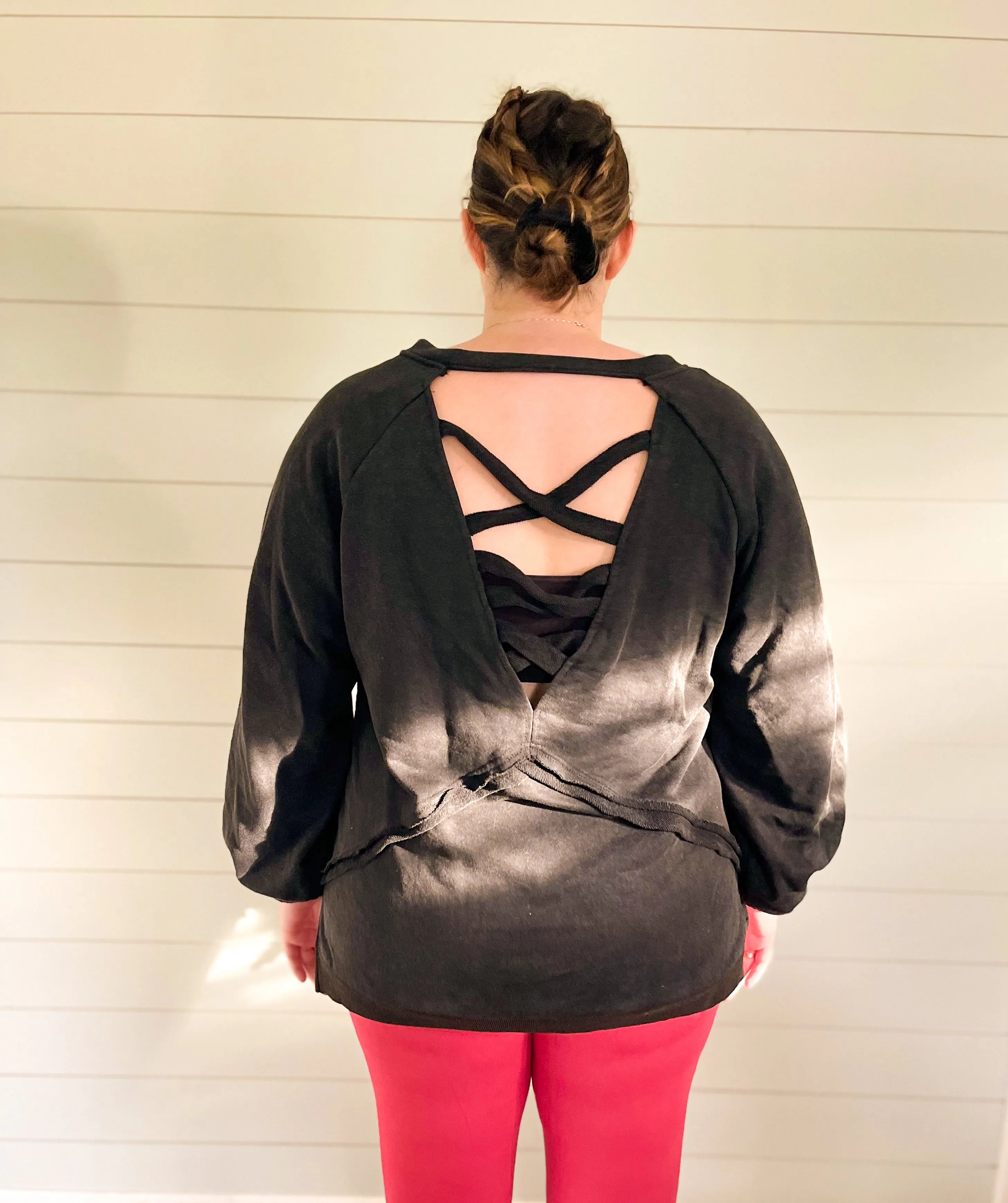 Midnight Rain Black Criss-Cross Back French Terry Sweatshirt