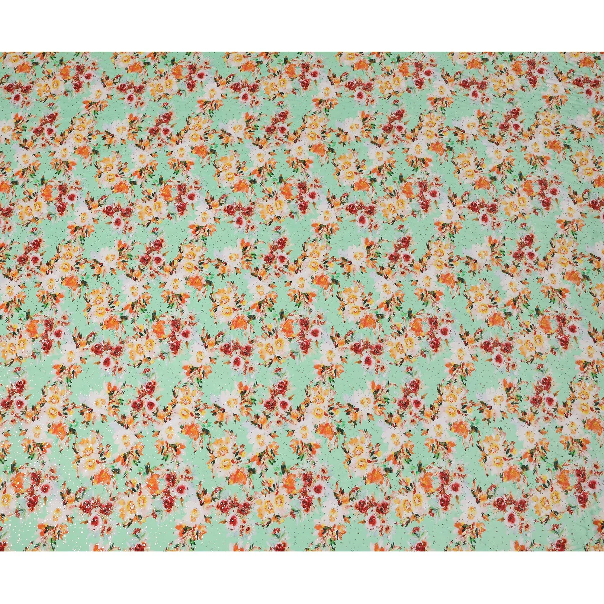 Mint Green Indian Viscose Crepe Fabric with Foil, Orange & Red Floral Print, 110 cm Width-D20923