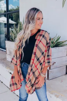 Mocha Plaid Open Front Poncho