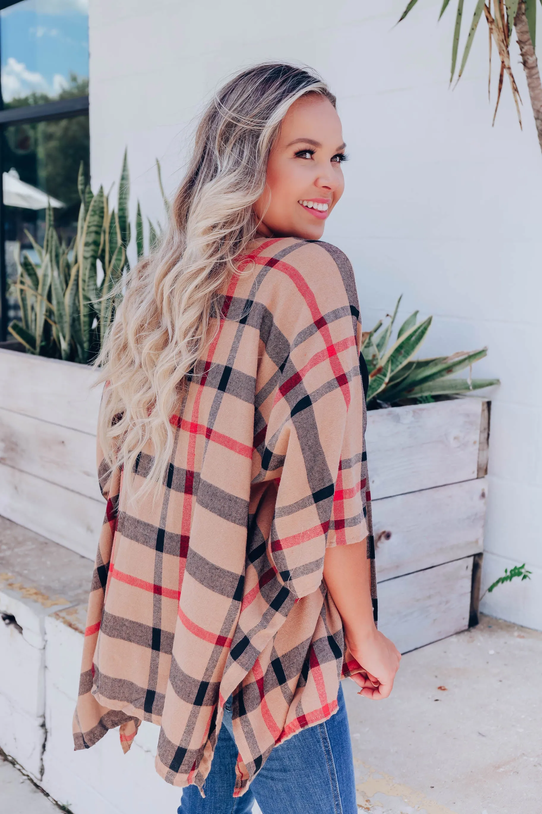 Mocha Plaid Open Front Poncho