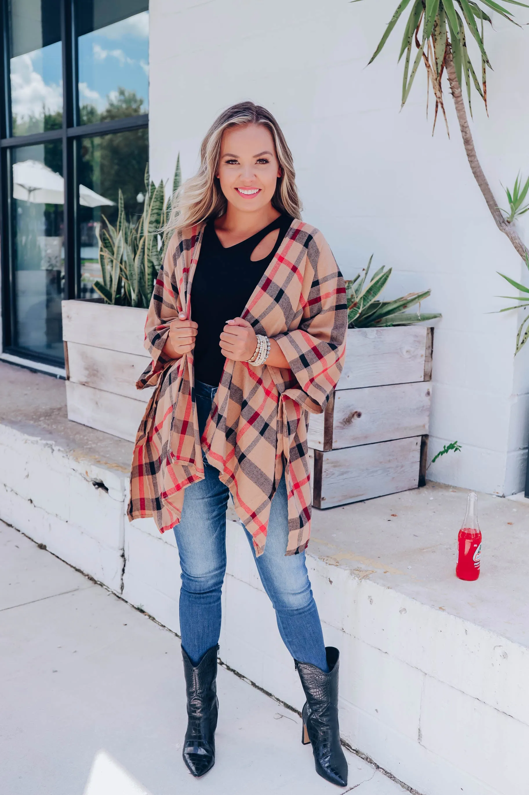 Mocha Plaid Open Front Poncho