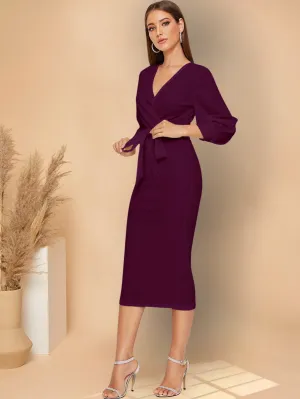 Modely Self Belted Split Hem Surplice Wrap Dress