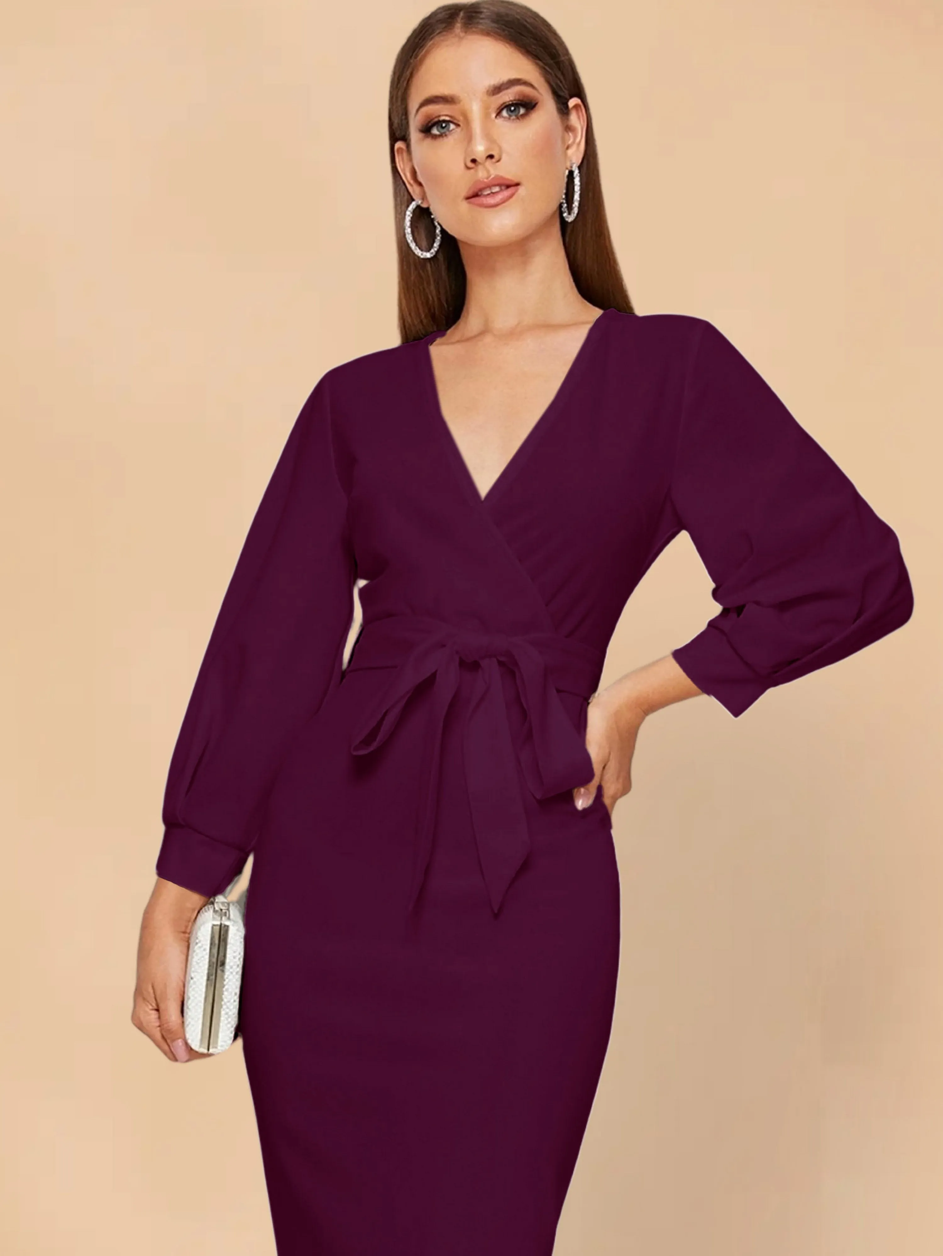 Modely Self Belted Split Hem Surplice Wrap Dress