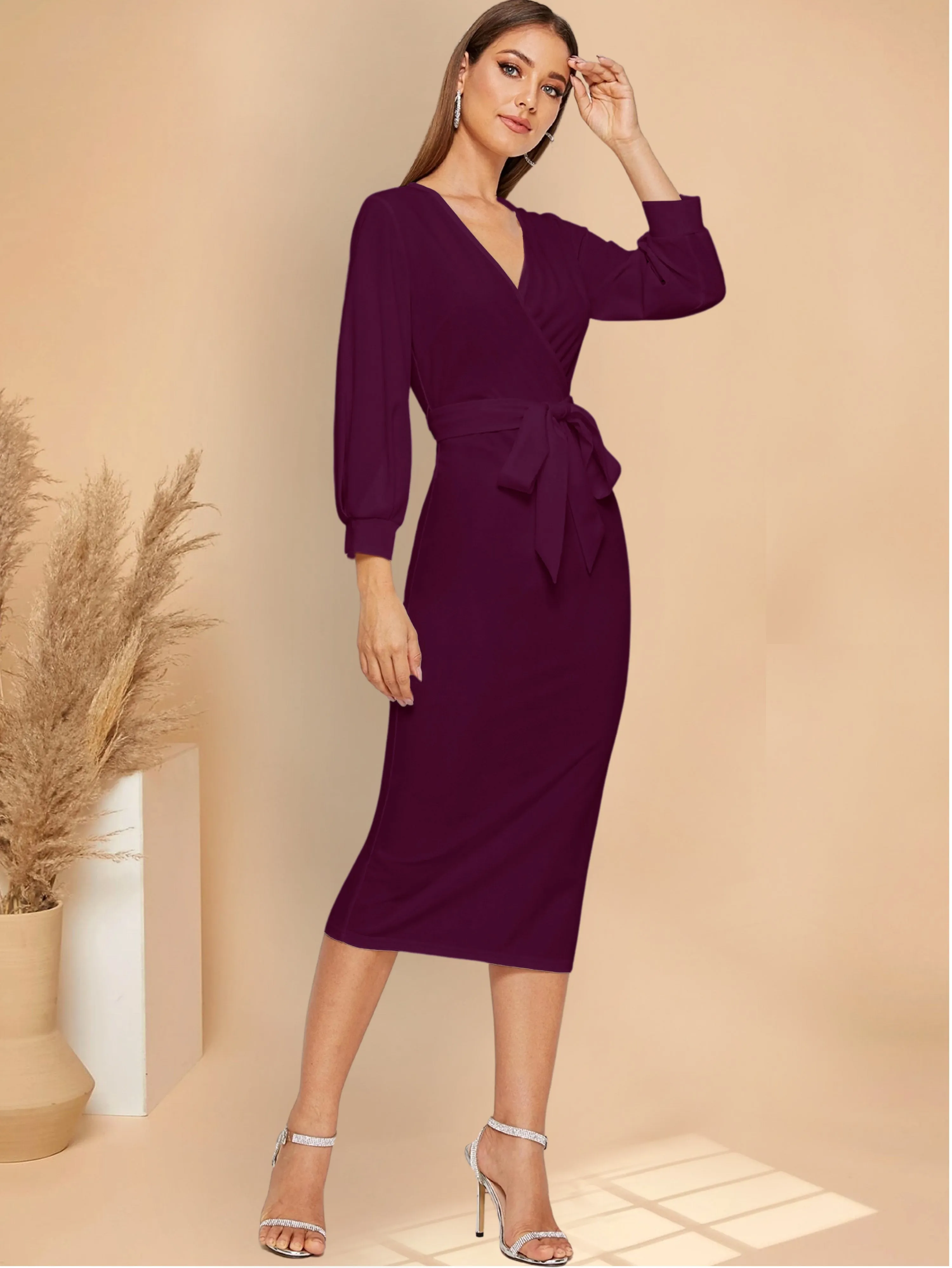 Modely Self Belted Split Hem Surplice Wrap Dress