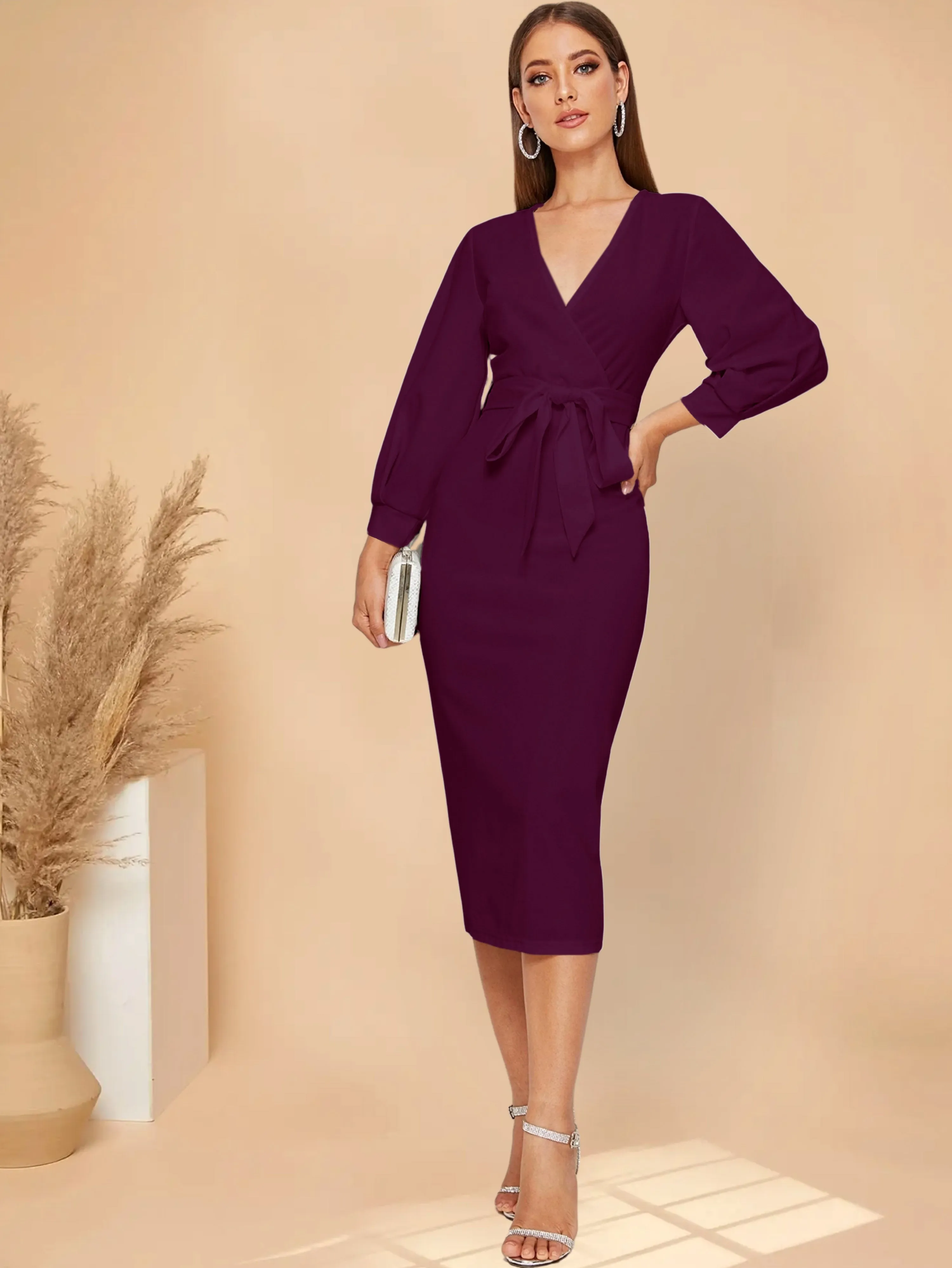 Modely Self Belted Split Hem Surplice Wrap Dress