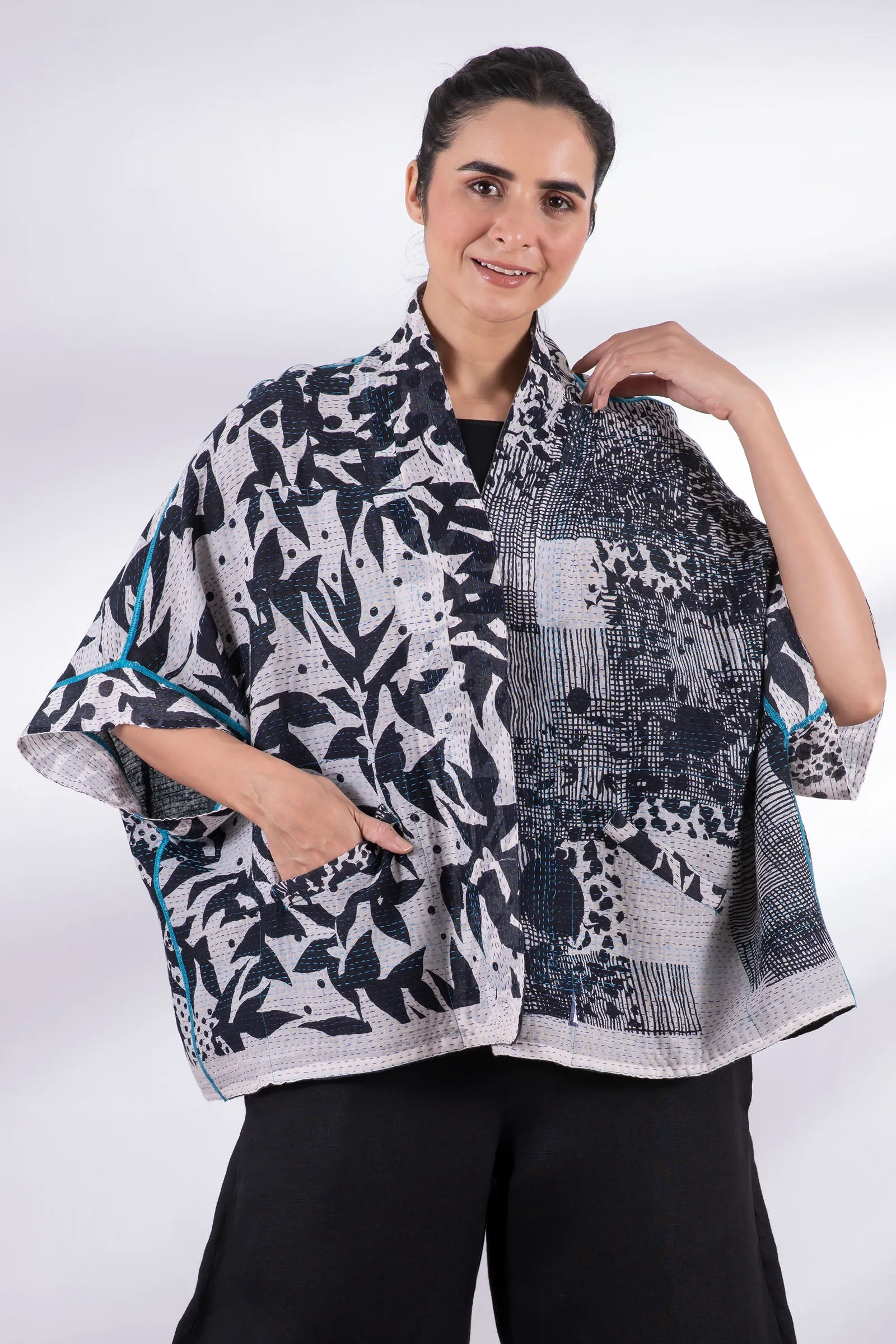 MONOTONE TWILIGHT PRINT KANTHA MINI PONCHO