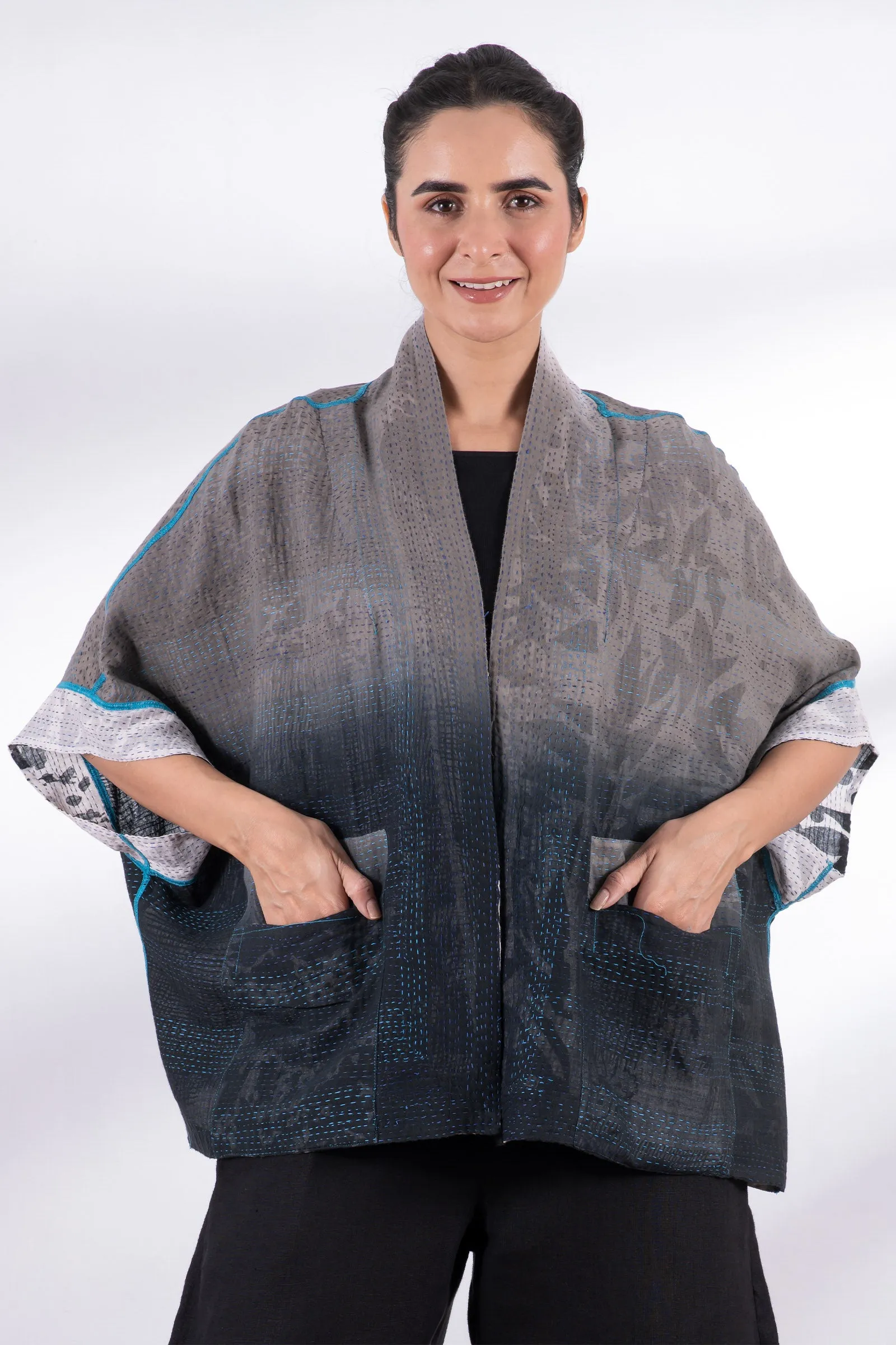 MONOTONE TWILIGHT PRINT KANTHA MINI PONCHO