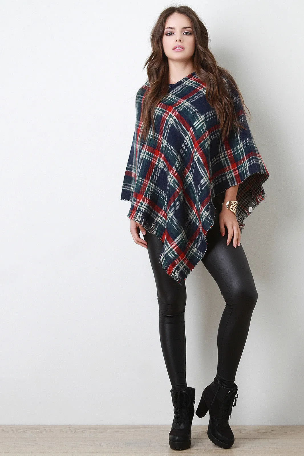 Multicolor Tartan Reversible Poncho