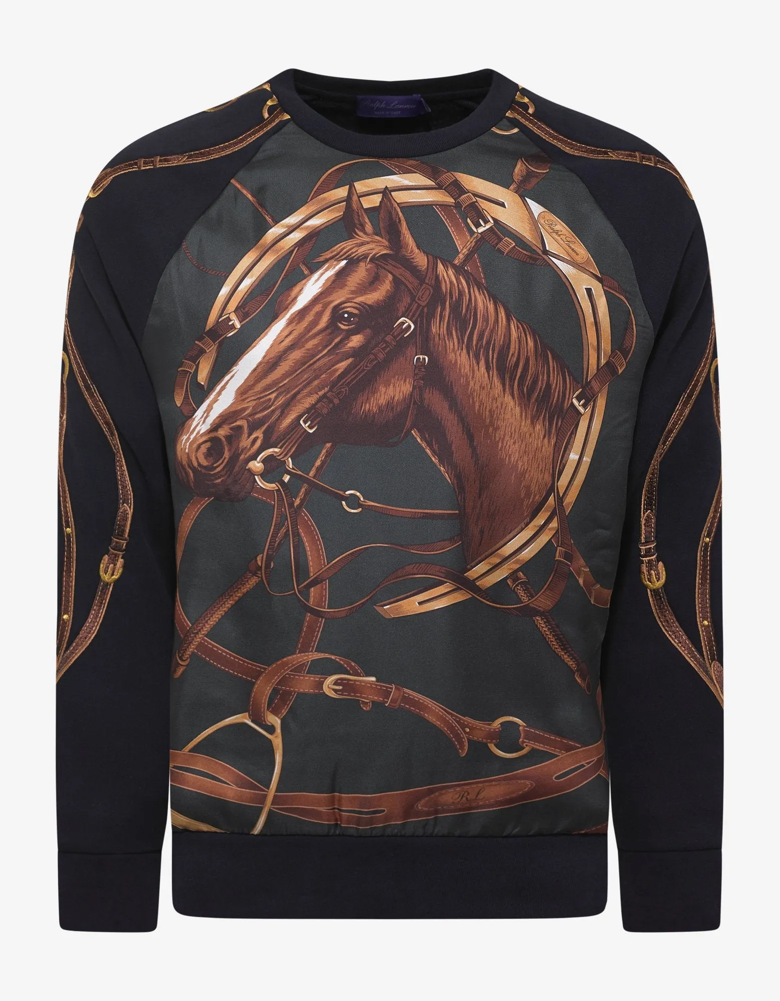 Navy Blue Silk Overlay Horse Graphic Sweatshirt -