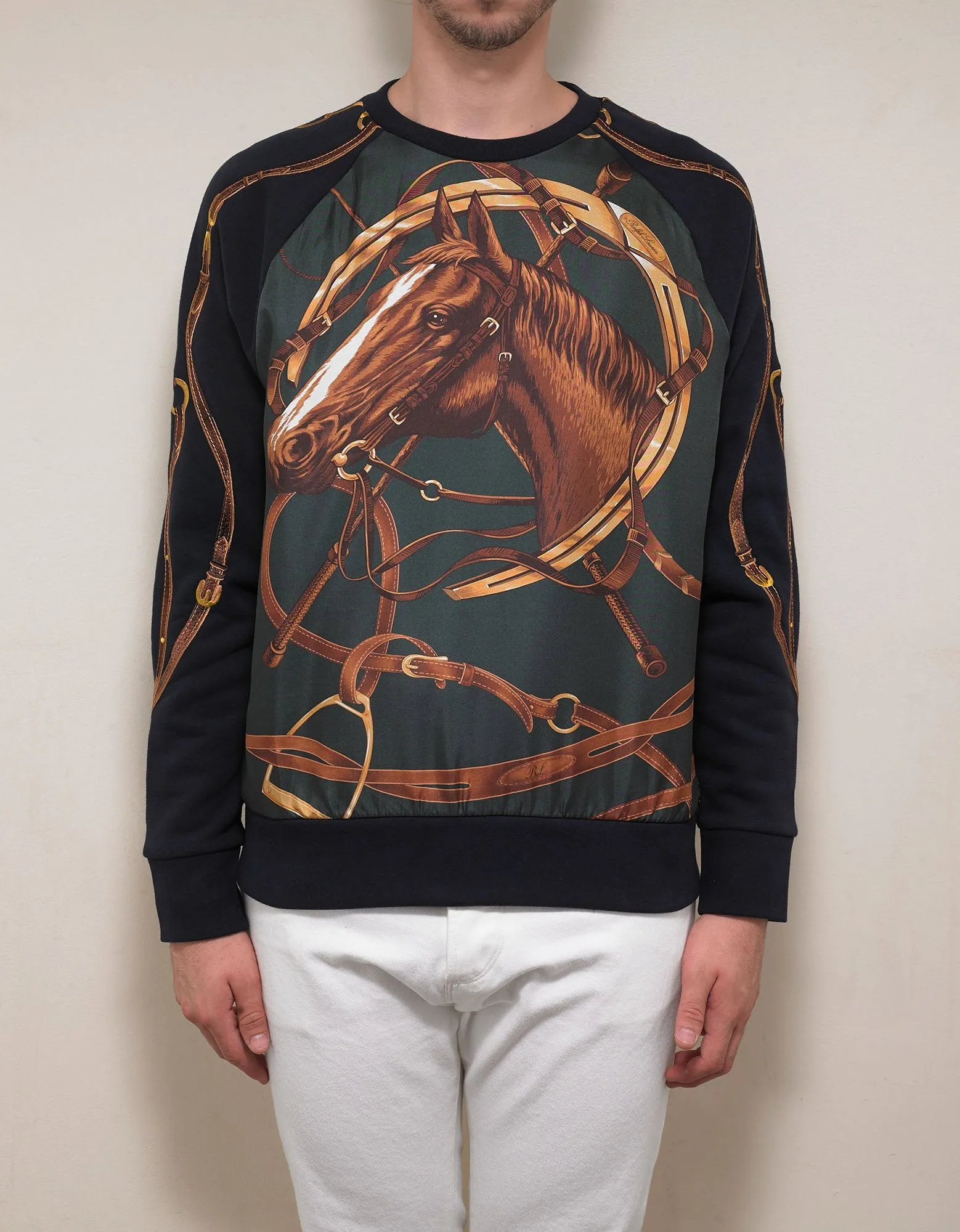 Navy Blue Silk Overlay Horse Graphic Sweatshirt -