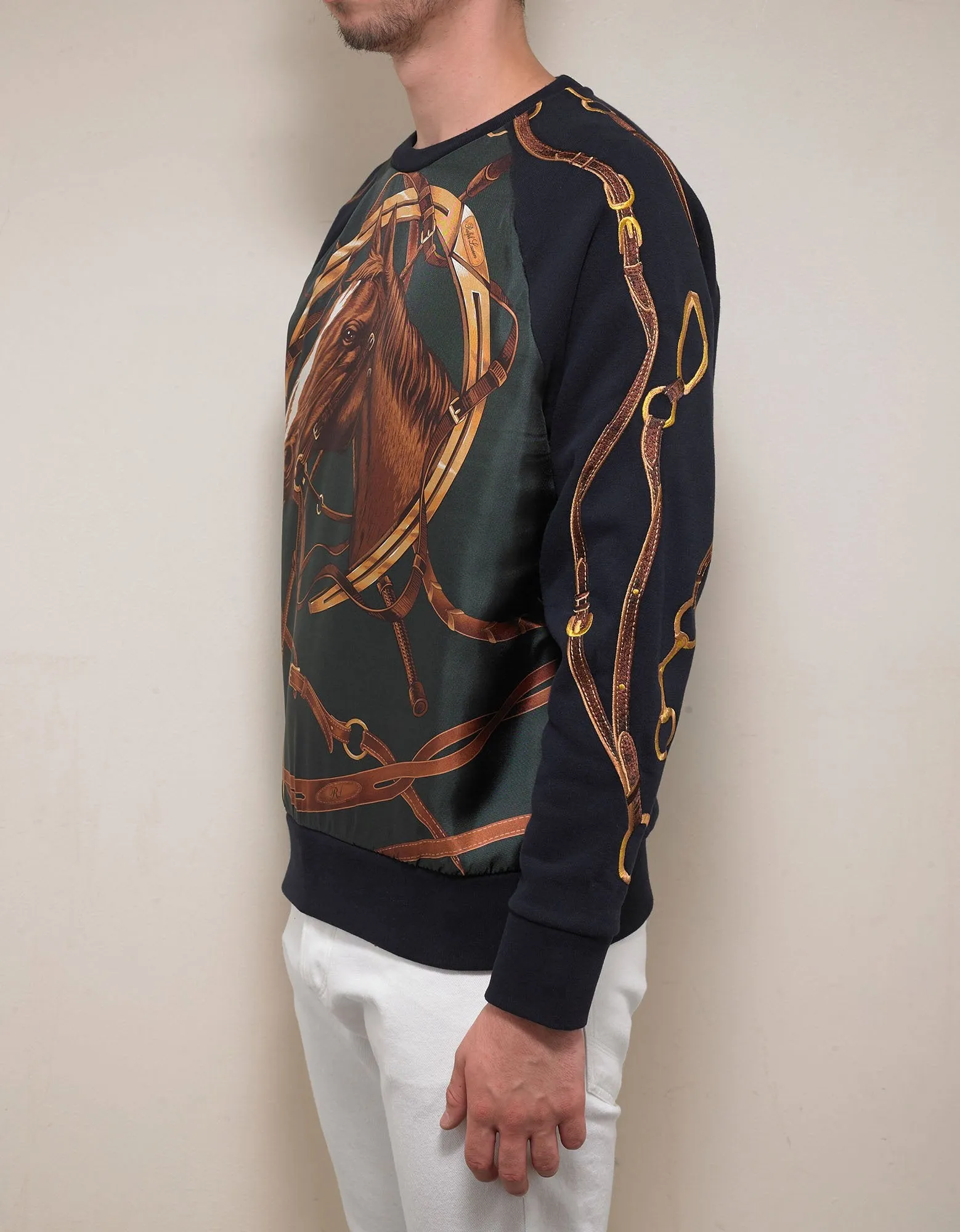 Navy Blue Silk Overlay Horse Graphic Sweatshirt -