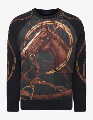 Navy Blue Silk Overlay Horse Graphic Sweatshirt