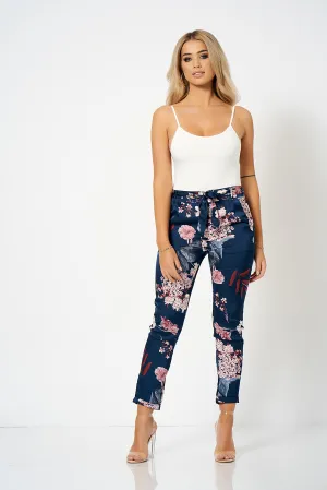 Navy Floral Belted Satin Co-ord Trousers