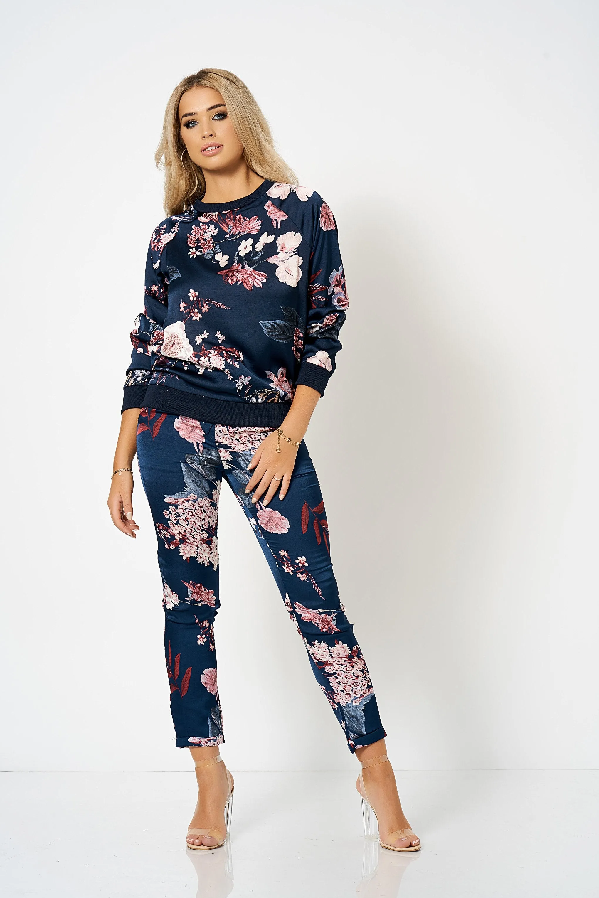 Navy Floral Satin Co-ord Sweatshirt