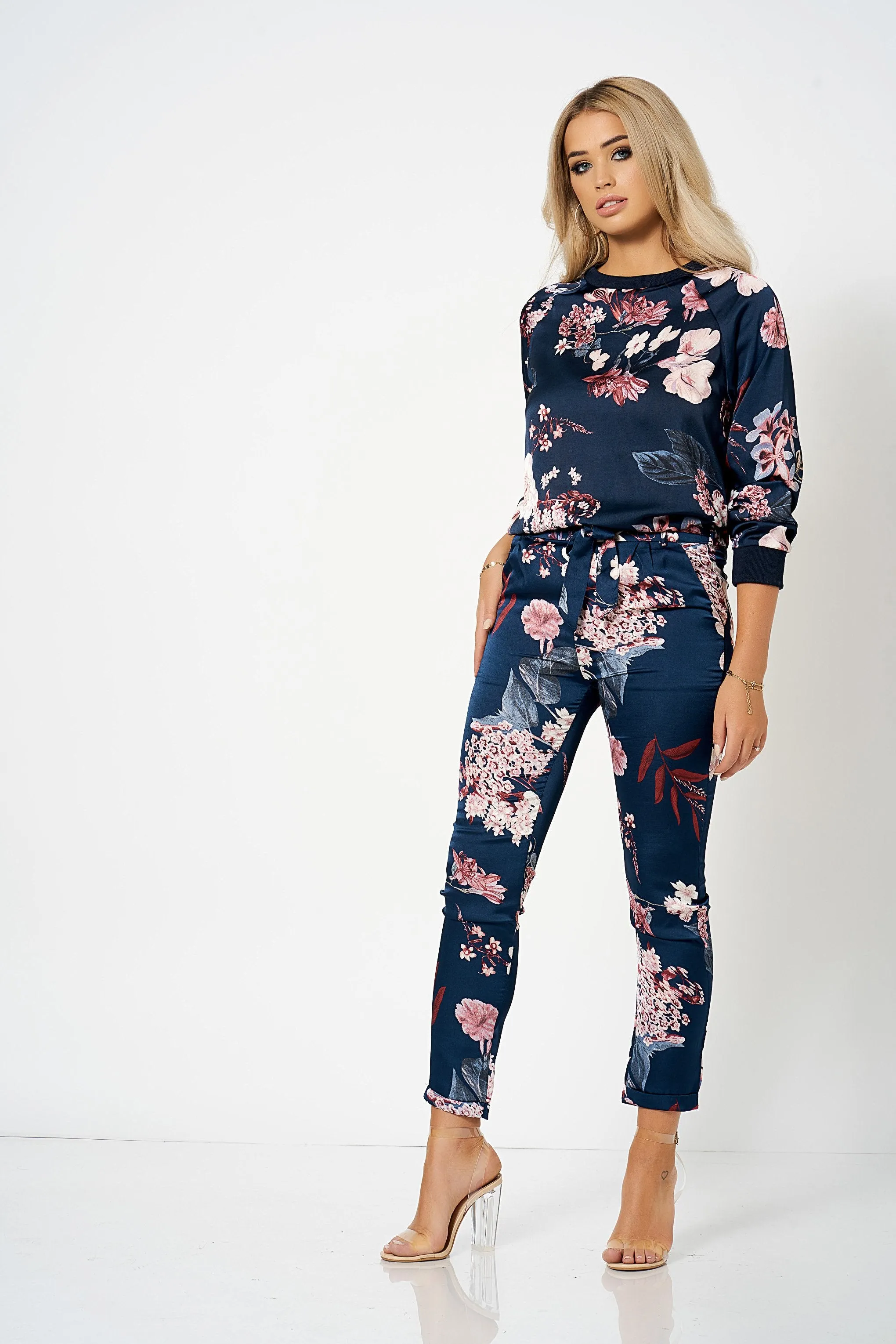 Navy Floral Satin Co-ord Sweatshirt