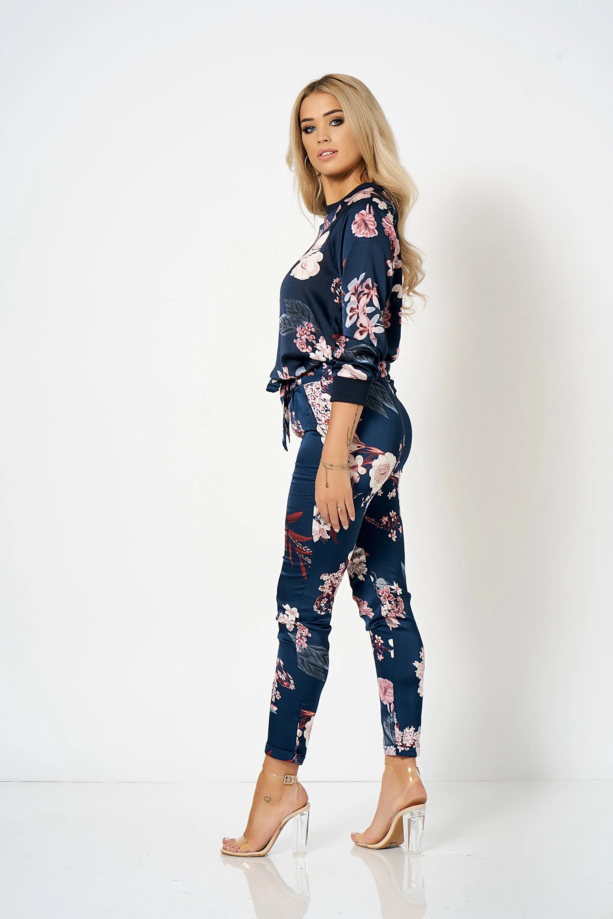 Navy Floral Satin Co-ord Sweatshirt