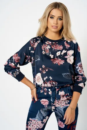 Navy Floral Satin Co-ord Sweatshirt